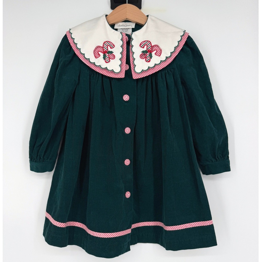 Bonnie Jean Vintage Girl's Green Christmas Holiday Candy Cane Corduroy Dress 4T